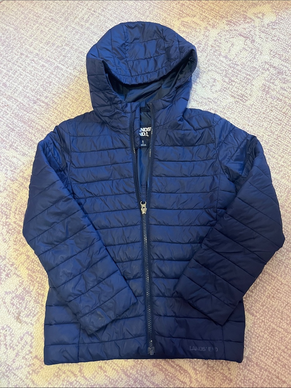 Lands' End Navy Hooded Lightweight Packable Puffer for Kids